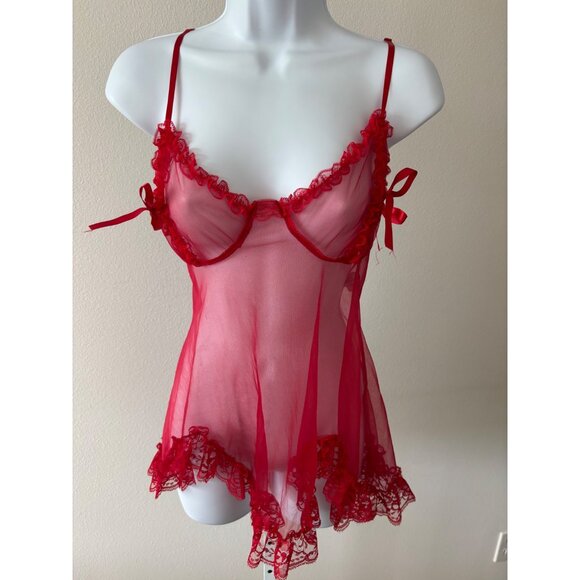 Tops - Sheer Red Ruffle Lace Slip Top M/L Mesh Babydoll Camisole Coquette Y2K Boudoir